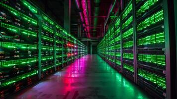 Illuminated server racks create a vibrant atmosphere in a high tech server room. The green and pink lights enhance the sleek design, reflecting technology's advancements. photo