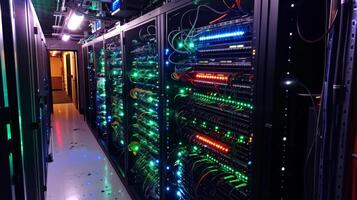 Rows of network servers are illuminated by bright LED lights in a modern data center. This high tech setting highlights the complexity of data infrastructure in operation. photo