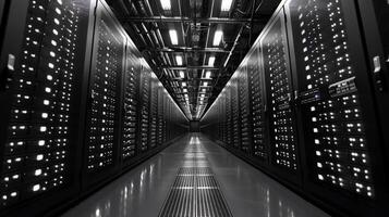 Dimly lit corridor in a data center with rows of server racks on either side, showcasing a network of interconnected devices during late hours. photo