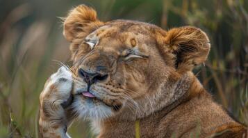 A lioness sits calmly in the tall grass, licking her paw while enjoying the warmth of a sunny afternoon. Her eyes are gently closed in a serene pose, embodying tranquility in the wild. photo