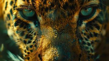 This captivating close up reveals the intricate patterns of a leopard's fur and the intense gaze of its bright eyes, highlighting the animal's raw beauty in a natural setting. photo