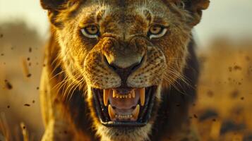 A lion displays its dominance and strength with a ferocious roar in a serene savannah setting at dusk. The golden light enhances the wild atmosphere of the moment. photo