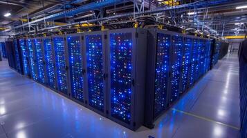 A modern server room filled with rows of illuminated server racks creating a vibrant atmosphere, indicative of high capacity data processing and storage operations. photo