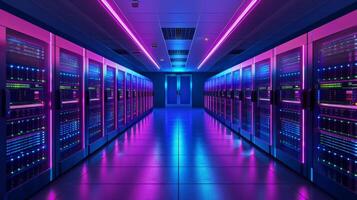 A futuristic data center is highlighted with server racks adorned by vibrant neon lights. The illuminated space creates a dynamic atmosphere ideal for technology and innovation. photo
