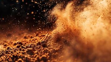 Fine particles of dust rise and dance in the air, illuminated by soft light, revealing intricate textures and warm tones of brown and gold, creating a captivating visual effect. photo