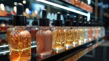 Multiple glass bottles filled with serums in various shades are neatly arranged on a shelf in a retail space, reflecting soft lighting and attracting customer attention. photo