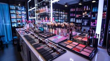 A vibrant cosmetic store showcases a diverse range of makeup products including lipsticks, eyeshadows, blushes, and brushes neatly arranged on sleek displays. The setting is modern and inviting. photo