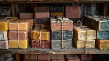 Shelves filled with various handmade soap bars in different colors and shapes showcase the creativity of artisans. The natural materials and textures add to the inviting ambiance of the shop. photo