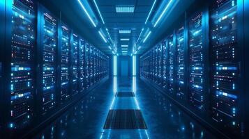 A futuristic data center features neatly organized server racks glowing with blue lights, reflecting a cutting edge environment for data processing. photo