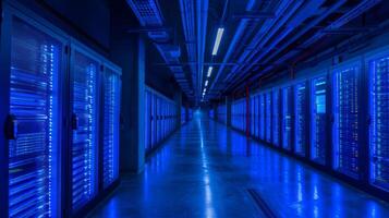 In a modern data center, rows of server racks glow with blue lights, creating a high tech atmosphere. The space is organized, emphasizing the importance of technology in data management. photo