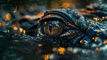A crocodile eye is prominently visible above the water surface, capturing the glow of surrounding lights while raindrops fall in a serene setting at dusk. photo