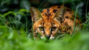A serval cat is crouched low in dense green grass, its striking fur pattern blending with the environment as it prepares to pounce on an unsuspecting target under natural light. photo