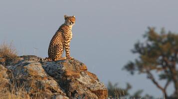 A cheetah sits majestically on a rocky outcrop in the African savannah during the golden hour. The feline appears alert, scanning the landscape for movement, showcasing its natural instincts. photo