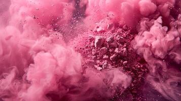 The striking pink powder erupts, enveloping the surrounding area in a vivid cloud. Fuzzy particles distribute throughout the air, creating a captivating visual effect. photo