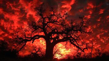 A striking silhouette of an ancient tree stands against a vibrant, fiery sunset sky. The dramatic clouds create an intense atmosphere as daylight fades into twilight. photo