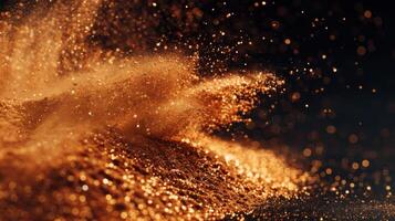 Golden particles swirl dynamically in a dark setting, creating a stunning visual effect that captures light and depth, evoking a sense of magic and wonder. photo
