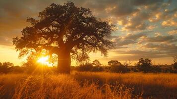 Golden sunlight filters through the branches of a large tree, illuminating a tranquil grassland as the day transitions into night with soft clouds scattered in the sky. photo