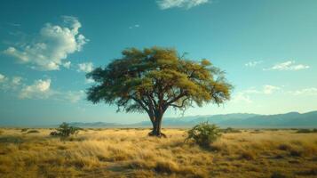 A solitary tree rises prominently in an expansive savanna, surrounded by golden grass and distant mountains while the sky displays a mix of blue and fluffy clouds. photo