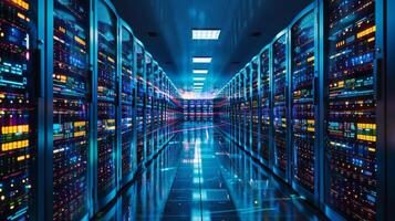 Rows of high tech servers line a hallway in a data center, illuminated by vibrant LED lights reflecting off a glossy floor in the cool ambience of night. photo