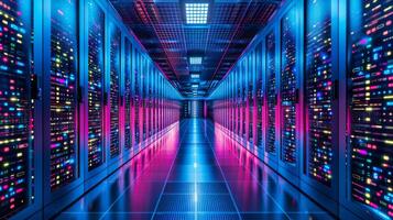 A long corridor in a data center is filled with rows of servers glowing in vibrant colors. The scene highlights the advanced technology and intricate design of server architecture. photo