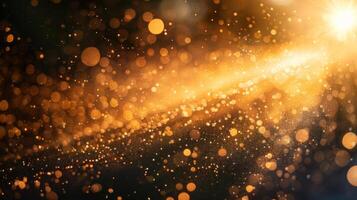 Shimmering golden particles illuminate the dark surroundings, creating a magical effect during a festive nighttime celebration with joyous ambiance and excitement. photo
