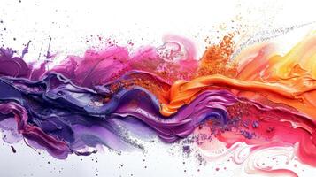 Colorful swirls of paint in purple, pink, orange, and red merge seamlessly on a white background, creating an energetic and captivating abstract design with depth and movement. photo