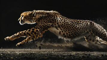 A cheetah races across sandy terrain, kicking up dust as it sprints. The scene captures the raw power and elegance of this incredible predator in pursuit. photo