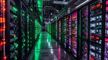 Neon lights illuminate rows of server racks in a bustling data center. This high tech environment highlights the intricate systems powering digital information storage and management. photo