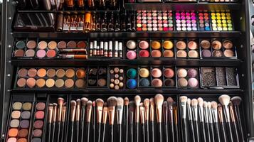A professional makeup artist's kit displays an array of cosmetics, including eyeshadows, lipsticks, blushes, and brushes, all organized for efficient use during makeup application. photo