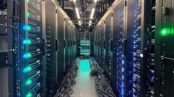 Long narrow passage in a data center showing rows of illuminated servers and a network of tangled cables, creating an active and high tech environment at night. photo