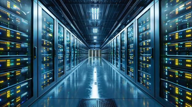 Rows of server racks fill the corridor of a modern data center, with glowing lights indicating active equipment, all set in a well maintained facility. photo
