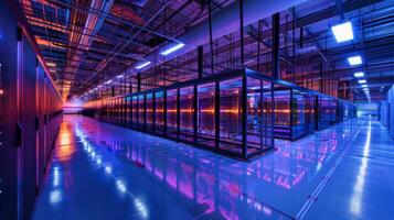Rows of server racks are organized in a high tech data center, showcasing vibrant blue and purple lighting. The polished floor reflects the colorful lights in this modern facility. photo