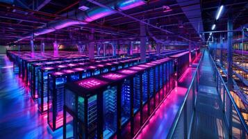 Rows of sleek server racks are lit with vivid pink and blue lights in a modern data center, emphasizing the advanced technology and organized structure of the facility. photo