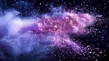 A vibrant swirl of cosmic dust and particles creates an enchanting visual in space. The colors blend beautifully, showcasing shades of purple and pink against a dark backdrop. photo