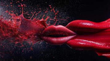 Red lips are at the center of a striking artistic representation, with vibrant liquid splashing outward, emphasizing beauty and creativity in a dramatic way photo