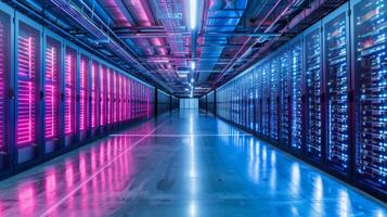 Rows of server racks line a dimly lit corridor, illuminated by vibrant pink and blue lights. The organized layout showcases advanced technology in a high capacity data center. photo