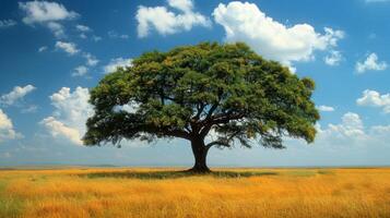 A large and vibrant tree provides shade in a vast field of golden grass. Fluffy clouds float in a clear blue sky on a sunny day, creating a serene and tranquil atmosphere. photo