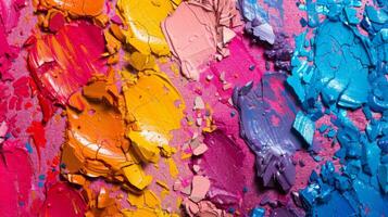 Thick strokes of vibrant paint in shades of pink, orange, purple, and blue create a colorful abstract design. The artwork is displayed in a well lit studio, emphasizing texture and depth. photo