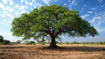 A large, vibrant tree with wide branches provides shade in a barren landscape under a clear blue sky. The ground is dry with scattered stones and sparse vegetation. photo