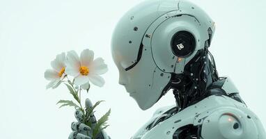 A futuristic humanoid robot gently holds a flower, representing harmony between technology and nature, conveying a peaceful message in a serene environment. photo