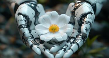 A humanoid robot gently cradles a white flower with a yellow center, symbolizing harmony and connection with nature. The background features soft greenery. photo