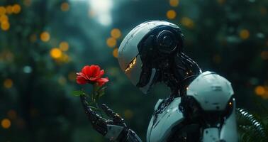 A humanoid robot delicately holds a bright red flower in a lush garden, symbolizing harmony between technology and nature in a serene environment. photo