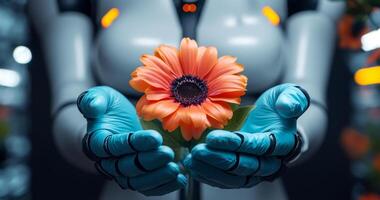 A humanoid robot gently holds a vibrant orange flower, embodying a message of peace and harmony, set against a modern, technological background. photo
