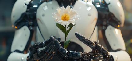A humanoid robot holds a delicate flower, blending technology and nature in soft light, promoting peace and humanity. photo