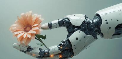 A humanoid robot delicately cradles a soft pink flower, showcasing a harmonious blend of technology and nature, evoking feelings of peace and affection. photo