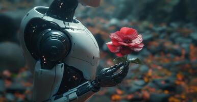 In a serene environment, a humanoid robot gently holds a blossoming flower, symbolizing harmony between technology and the natural world. photo