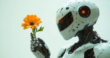 A humanoid robot stands calmly, holding a vibrant orange flower, symbolizing harmony and peace between technology and humanity in a serene setting. photo
