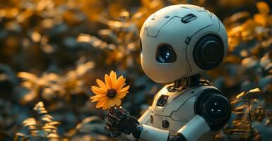 In a calm garden setting, a humanoid robot delicately holds a vibrant yellow flower, representing harmony between technology and nature during sunset. photo