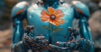 A humanoid robot gently cradles a delicate flower in its metallic hands, representing a connection between technology and nature, embodying peace and harmony. photo