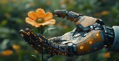 A humanoid robot gently reaches out with its armored hand towards a vibrant orange flower, symbolizing harmony between technology and nature in a peaceful garden. photo
